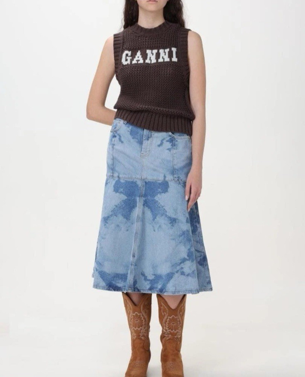 GANNI Indigo Denim Long Flare Skirt Sz 28 EUC Designer Tie‑Dye Barrel Look